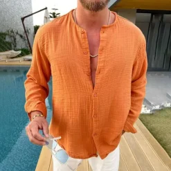 Men's Shirt Summer Shirt Button Up Shirt Designer Shirt Orange Long Sleeve Plain Collarless Street Daily Button-Down Clothing Apparel Cotton Cotton Blend Fashion Casual Comfortable