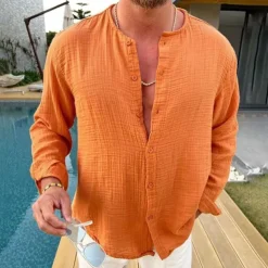 Men's Shirt Summer Shirt Button Up Shirt Designer Shirt Orange Long Sleeve Plain Collarless Street Daily Button-Down Clothing Apparel Cotton Cotton Blend Fashion Casual Comfortable