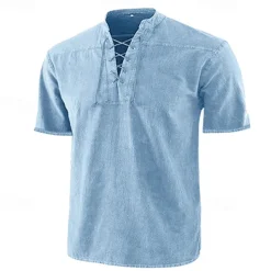 Men's Shirt Summer Shirt Beach Wear Casual Shirt Black Wine Army Green Navy Blue Blue Short Sleeve Plain Solid Colored Stand Collar Outdoor Street Lace up Clothing Apparel Fashion Casual Breathable