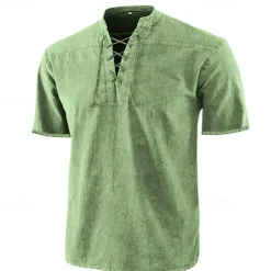 Men's Shirt Summer Shirt Beach Wear Casual Shirt Black Wine Army Green Navy Blue Blue Short Sleeve Plain Solid Colored Stand Collar Outdoor Street Lace up Clothing Apparel Fashion Casual Breathable