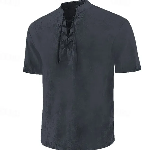 Men's Shirt Summer Shirt Beach Wear Casual Shirt Black Wine Army Green Navy Blue Blue Short Sleeve Plain Solid Colored Stand Collar Outdoor Street Lace up Clothing Apparel Fashion Casual Breathable