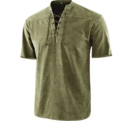 Men's Shirt Summer Shirt Beach Wear Casual Shirt Black Wine Army Green Navy Blue Blue Short Sleeve Plain Solid Colored Stand Collar Outdoor Street Lace up Clothing Apparel Fashion Casual Breathable