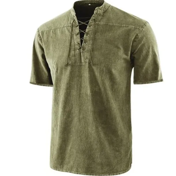 Men's Shirt Summer Shirt Beach Wear Casual Shirt Black Wine Army Green Navy Blue Blue Short Sleeve Plain Solid Colored Stand Collar Outdoor Street Lace up Clothing Apparel Fashion Casual Breathable