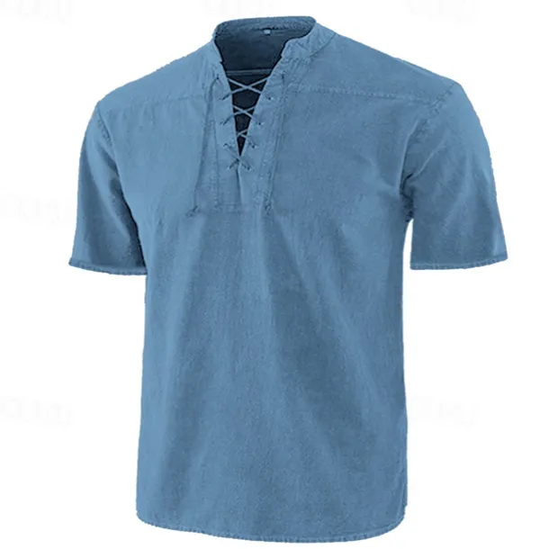 Men's Shirt Summer Shirt Beach Wear Casual Shirt Black Wine Army Green Navy Blue Blue Short Sleeve Plain Solid Colored Stand Collar Outdoor Street Lace up Clothing Apparel Fashion Casual Breathable