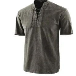 Men's Shirt Summer Shirt Beach Wear Casual Shirt Black Wine Army Green Navy Blue Blue Short Sleeve Plain Solid Colored Stand Collar Outdoor Street Lace up Clothing Apparel Fashion Casual Breathable