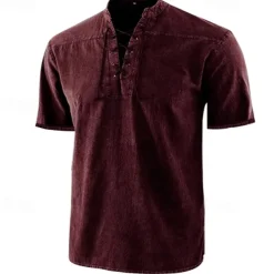 Men's Shirt Summer Shirt Beach Wear Casual Shirt Black Wine Army Green Navy Blue Blue Short Sleeve Plain Solid Colored Stand Collar Outdoor Street Lace up Clothing Apparel Fashion Casual Breathable