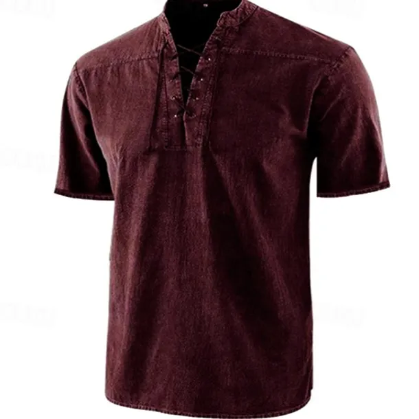Men's Shirt Summer Shirt Beach Wear Casual Shirt Black Wine Army Green Navy Blue Blue Short Sleeve Plain Solid Colored Stand Collar Outdoor Street Lace up Clothing Apparel Fashion Casual Breathable