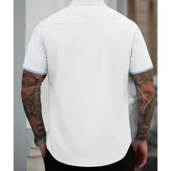 Men's Shirt Summer Shirt Casual Shirt Beach Shirt Button Up Shirt White Blue Short Sleeve Plain Band Collar Vacation Hawaiian Patchwork Clothing Apparel Polyester Fashion Casual Comfortable