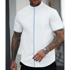 Men's Shirt Summer Shirt Casual Shirt Beach Shirt Button Up Shirt White Blue Short Sleeve Plain Band Collar Vacation Hawaiian Patchwork Clothing Apparel Polyester Fashion Casual Comfortable