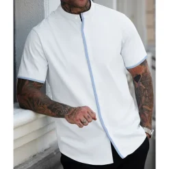 Men's Shirt Summer Shirt Casual Shirt Beach Shirt Button Up Shirt White Blue Short Sleeve Plain Band Collar Vacation Hawaiian Patchwork Clothing Apparel Polyester Fashion Casual Comfortable