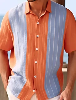 Men's Shirt Summer Shirt Casual Shirt Beach Shirt Button Up Shirt Orange Short Sleeve Color Block Striped Lapel Vacation Daily Clothing Apparel Cotton Cotton Blend Fashion Casual Comfortable