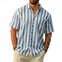 Men's Shirt Summer Shirt Casual Shirt Beach Shirt Button Up Shirt Light Green Blue Green Gray Short Sleeve Stripes Lapel Vacation Hawaiian Clothing Apparel Polyester Fashion Casual Comfortable