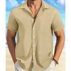 Men's Shirt Summer Shirt Casual Shirt Beach Shirt Button Up Shirt Waffle Knit Shirt Black White Pink Blue Orange Short Sleeve Plain Lapel Vacation Hawaiian Clothing Apparel Polyester Fashion Casual