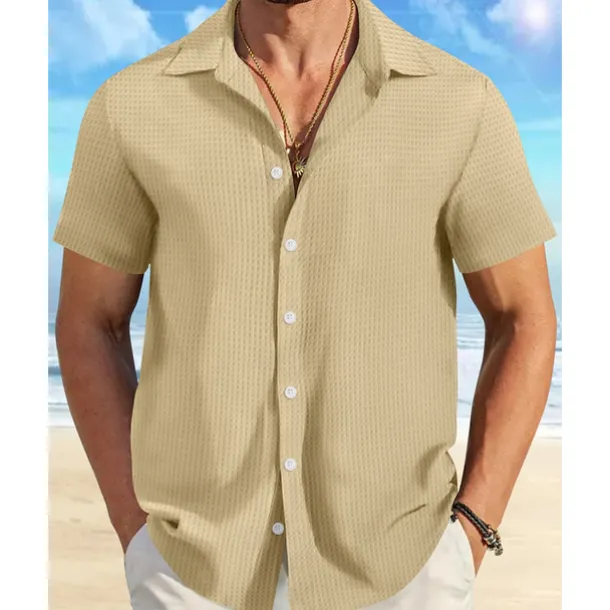 Men's Shirt Summer Shirt Casual Shirt Beach Shirt Button Up Shirt Waffle Knit Shirt Black White Pink Blue Orange Short Sleeve Plain Lapel Vacation Hawaiian Clothing Apparel Polyester Fashion Casual