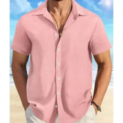 Men's Shirt Summer Shirt Casual Shirt Beach Shirt Button Up Shirt Waffle Knit Shirt Black White Pink Blue Orange Short Sleeve Plain Lapel Vacation Hawaiian Clothing Apparel Polyester Fashion Casual