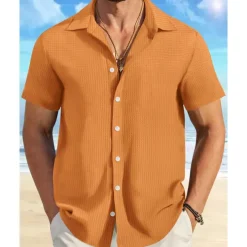 Men's Shirt Summer Shirt Casual Shirt Beach Shirt Button Up Shirt Waffle Knit Shirt Black White Pink Blue Orange Short Sleeve Plain Lapel Vacation Hawaiian Clothing Apparel Polyester Fashion Casual