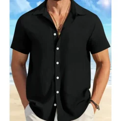 Men's Shirt Summer Shirt Casual Shirt Beach Shirt Button Up Shirt Waffle Knit Shirt Black White Pink Blue Orange Short Sleeve Plain Lapel Vacation Hawaiian Clothing Apparel Polyester Fashion Casual