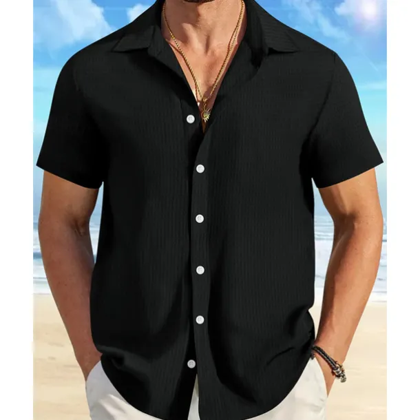 Men's Shirt Summer Shirt Casual Shirt Beach Shirt Button Up Shirt Waffle Knit Shirt Black White Pink Blue Orange Short Sleeve Plain Lapel Vacation Hawaiian Clothing Apparel Polyester Fashion Casual
