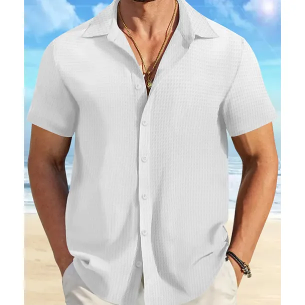 Men's Shirt Summer Shirt Casual Shirt Beach Shirt Button Up Shirt Waffle Knit Shirt Black White Pink Blue Orange Short Sleeve Plain Lapel Vacation Hawaiian Clothing Apparel Polyester Fashion Casual