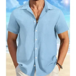 Men's Shirt Summer Shirt Casual Shirt Beach Shirt Button Up Shirt Waffle Knit Shirt Black White Pink Blue Orange Short Sleeve Plain Lapel Vacation Hawaiian Clothing Apparel Polyester Fashion Casual