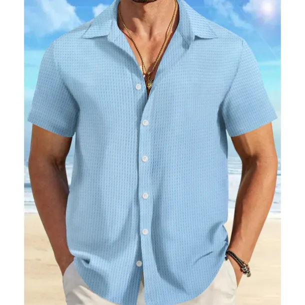 Men's Shirt Summer Shirt Casual Shirt Beach Shirt Button Up Shirt Waffle Knit Shirt Black White Pink Blue Orange Short Sleeve Plain Lapel Vacation Hawaiian Clothing Apparel Polyester Fashion Casual