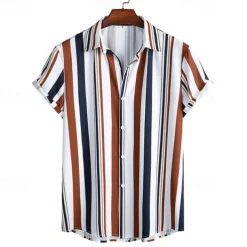 Men's Shirt Summer Shirt Casual Shirt Beach Shirt Button Up Shirt Striped Shirts White Blue Brown khaki Short Sleeve Stripes Turndown Vacation Hawaiian Clothing Apparel Polyester Fashion Casual