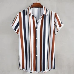 Men's Shirt Summer Shirt Casual Shirt Beach Shirt Button Up Shirt Striped Shirts White Blue Brown khaki Short Sleeve Stripes Turndown Vacation Hawaiian Clothing Apparel Polyester Fashion Casual