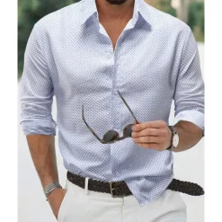 Men's Shirt Summer Shirt Casual Shirt Beach Shirt Button Up Shirt White Navy Blue Purple Dark Blue Light Blue Long Sleeve Polka Dot Lapel Vacation Hawaiian Button-Down Clothing Apparel Polyester