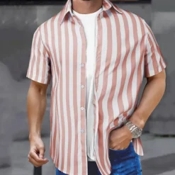 Men's Shirt Summer Shirt Casual Shirt Beach Shirt Button Up Shirt Black Pink Sky Blue Gray Short Sleeve Striped Lapel Vacation Hawaiian Buttons Clothing Apparel Polyester Fashion Casual Comfortable