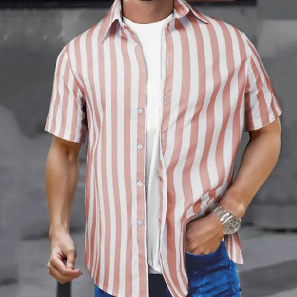 Men's Shirt Summer Shirt Casual Shirt Beach Shirt Button Up Shirt Black Pink Sky Blue Gray Short Sleeve Striped Lapel Vacation Hawaiian Buttons Clothing Apparel Polyester Fashion Casual Comfortable