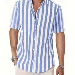 Men's Shirt Summer Shirt Casual Shirt Beach Shirt Button Up Shirt Black Pink Sky Blue Gray Short Sleeve Striped Lapel Vacation Hawaiian Buttons Clothing Apparel Polyester Fashion Casual Comfortable