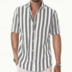Men's Shirt Summer Shirt Casual Shirt Beach Shirt Button Up Shirt Black Pink Sky Blue Gray Short Sleeve Striped Lapel Vacation Hawaiian Buttons Clothing Apparel Polyester Fashion Casual Comfortable
