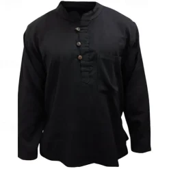 Men's Shirt Summer Shirt Casual Shirt Beach Shirt Button Up Shirt Black Yellow Orange Army Green Dark Blue Long Sleeve Plain Band Collar Vacation Hawaiian Clothing Apparel Polyester Fashion Casual