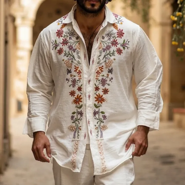 Men's Shirt Summer Shirt Casual Shirt Beach Shirt Button Up Shirt White Long Sleeve Floral Lapel Vacation Hawaiian Print Clothing Apparel Polyester Fashion Casual Comfortable