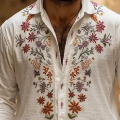 Men's Shirt Summer Shirt Casual Shirt Beach Shirt Button Up Shirt White Long Sleeve Floral Lapel Vacation Hawaiian Print Clothing Apparel Polyester Fashion Casual Comfortable