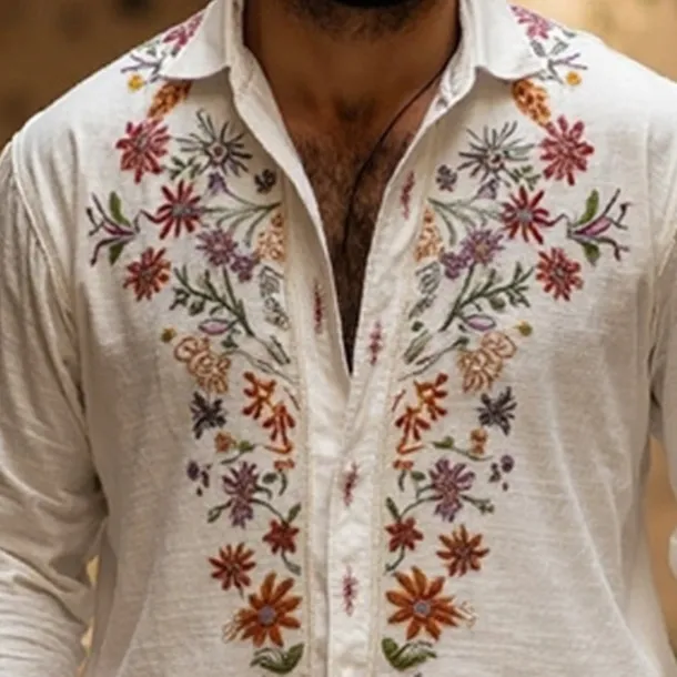 Men's Shirt Summer Shirt Casual Shirt Beach Shirt Button Up Shirt White Long Sleeve Floral Lapel Vacation Hawaiian Print Clothing Apparel Polyester Fashion Casual Comfortable