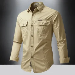Men's Shirt Summer Shirt Casual Shirt Button Up Shirt Cargo Shirt Black White Red khaki Dark Blue Long Sleeve Plain Shirt Collar Vacation Hawaiian Pocket Clothing Apparel 100% Cotton Fashion Casual