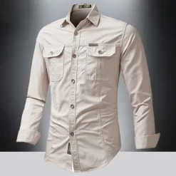 Men's Shirt Summer Shirt Casual Shirt Button Up Shirt Cargo Shirt Black White Red khaki Dark Blue Long Sleeve Plain Shirt Collar Vacation Hawaiian Pocket Clothing Apparel 100% Cotton Fashion Casual