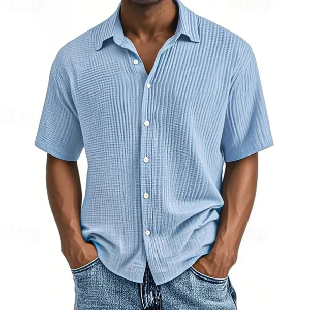 Men's Shirt Summer Shirt Casual Shirt Beach Shirt Button Up Shirt Black White Wine Navy Blue Brown Short Sleeve Plain Lapel Vacation Hawaiian Pleats Clothing Apparel 100% Cotton Fashion Casual