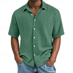 Men's Shirt Summer Shirt Casual Shirt Beach Shirt Button Up Shirt Black White Wine Navy Blue Brown Short Sleeve Plain Lapel Vacation Hawaiian Pleats Clothing Apparel 100% Cotton Fashion Casual