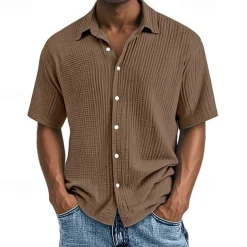 Men's Shirt Summer Shirt Casual Shirt Beach Shirt Button Up Shirt Black White Wine Navy Blue Brown Short Sleeve Plain Lapel Vacation Hawaiian Pleats Clothing Apparel 100% Cotton Fashion Casual