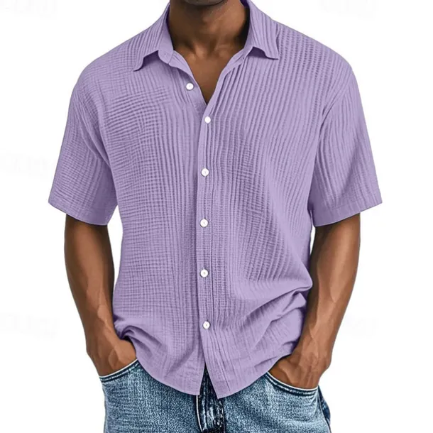 Men's Shirt Summer Shirt Casual Shirt Beach Shirt Button Up Shirt Black White Wine Navy Blue Brown Short Sleeve Plain Lapel Vacation Hawaiian Pleats Clothing Apparel 100% Cotton Fashion Casual