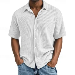 Men's Shirt Summer Shirt Casual Shirt Beach Shirt Button Up Shirt Black White Wine Navy Blue Brown Short Sleeve Plain Lapel Vacation Hawaiian Pleats Clothing Apparel 100% Cotton Fashion Casual