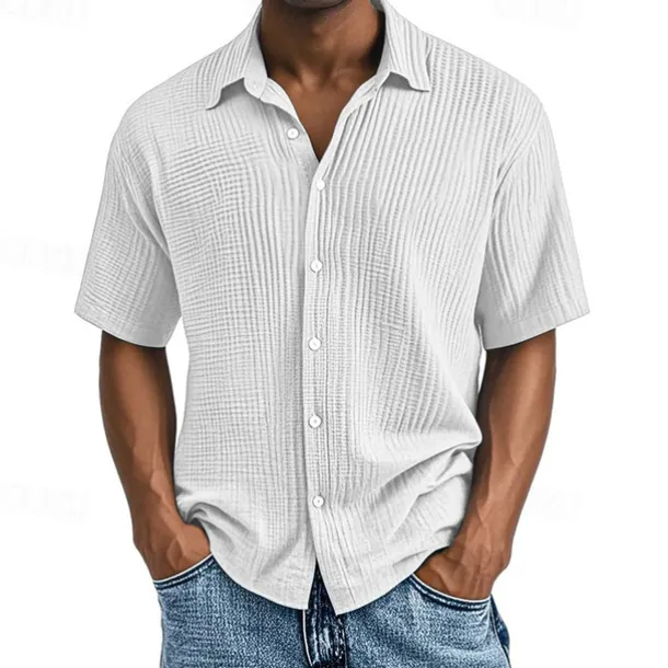 Men's Shirt Summer Shirt Casual Shirt Beach Shirt Button Up Shirt Black White Wine Navy Blue Brown Short Sleeve Plain Lapel Vacation Hawaiian Pleats Clothing Apparel 100% Cotton Fashion Casual