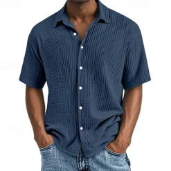 Men's Shirt Summer Shirt Casual Shirt Beach Shirt Button Up Shirt Black White Wine Navy Blue Brown Short Sleeve Plain Lapel Vacation Hawaiian Pleats Clothing Apparel 100% Cotton Fashion Casual