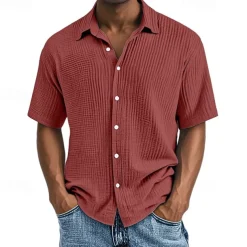 Men's Shirt Summer Shirt Casual Shirt Beach Shirt Button Up Shirt Black White Wine Navy Blue Brown Short Sleeve Plain Lapel Vacation Hawaiian Pleats Clothing Apparel 100% Cotton Fashion Casual