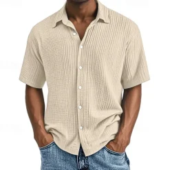 Men's Shirt Summer Shirt Casual Shirt Beach Shirt Button Up Shirt Black White Wine Navy Blue Brown Short Sleeve Plain Lapel Vacation Hawaiian Pleats Clothing Apparel 100% Cotton Fashion Casual