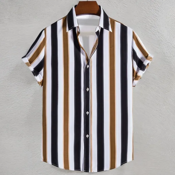 Men's Shirt Summer Shirt Casual Shirt Beach Shirt Button Up Shirt Striped Shirts Black Brown Coffee Short Sleeve Stripe Turndown Vacation Hawaiian Clothing Apparel Polyester Fashion Casual Comfortable