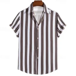 Men's Shirt Summer Shirt Casual Shirt Beach Shirt Button Up Shirt Striped Shirts Black Brown Coffee Short Sleeve Stripe Turndown Vacation Hawaiian Clothing Apparel Polyester Fashion Casual Comfortable