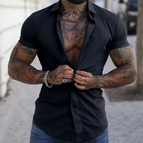 Men's Shirt Summer Shirt Casual Shirt Button Up Shirt Untucked Shirts Black White Yellow Pink Dark Navy Short Sleeve Plain Turndown Vacation Street Clothing Apparel Fashion Casual Comfortable